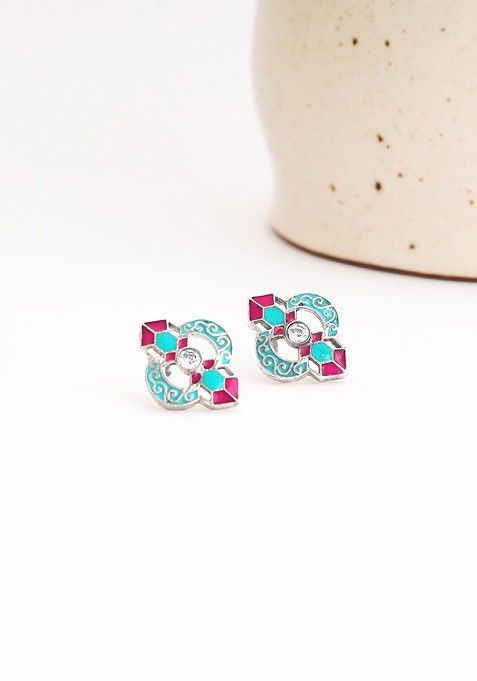 Indya X Giva Silver Toned Contemporary Studs Earrings