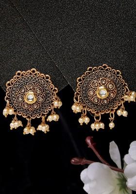 Gold Plated Kundan Stud Circular Drop Earrings