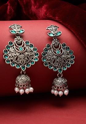 Oxidised Silver Plated Stone Stud Dome Shaped Jhumka Earrings