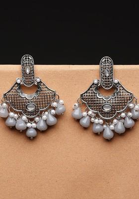 Silver Plated Pearl Bead And Stone Stud Oxidised Drop Earrings