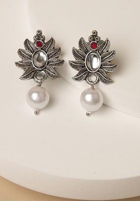 Silver Plated Kundan Stud And Pearl Bead Leaf Shape Oxidised Drop Earrings