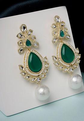 Gold Plated Kundan Stud And Pearl Bead Classic Drop Earrings