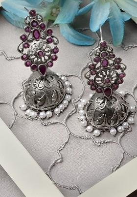 Oxidised Silver Plated Kundan Stud Dome Shaped Classic Jhumka Earrings