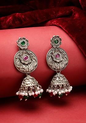 Oxidised Silver Plated Stone Stud And Pearl Bead Dome Shaped Jhumka Earrings