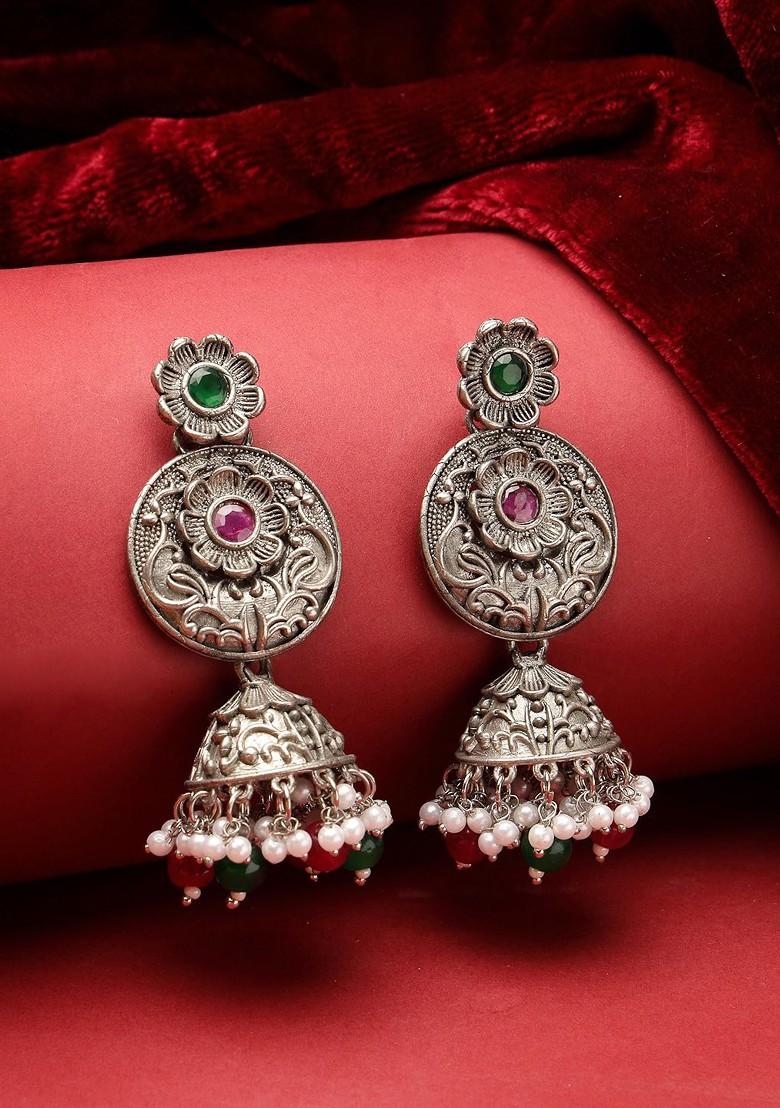 Oxidised Silver Plated Stone Stud And Pearl Bead Dome Shaped Jhumka Earrings
