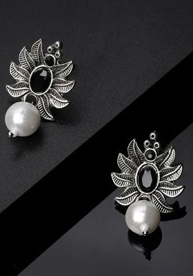 Silver Plated Stone Stud And Pearl Bead Leaf Shaped Oxidised Drop Earrings