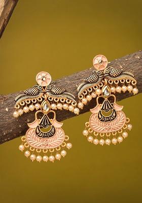Gold Plated Kundan Stud Peacock Shaped Drop Earrings