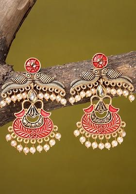 Gold Plated Kundan Stud Peacock Shaped Drop Earrings
