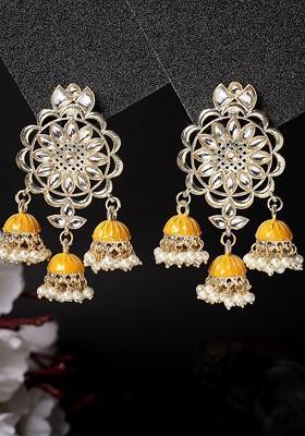 Gold Plated Kundan Stud Contemporary Jhumka Earrings
