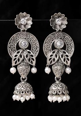 Oxidised Silver Plated Stone Stud And Pearl Bead Floral Shaped Jhumka Earrings