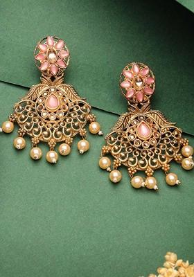 Gold Plated Stone Stud And Pearl Bead Crescent Shaped Drop Earrings