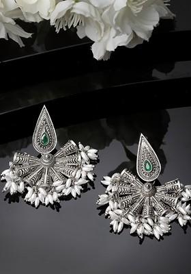 Oxidised Silver Plated Stone Stud And Pearl Bead Floral Shaped Drop Earrings