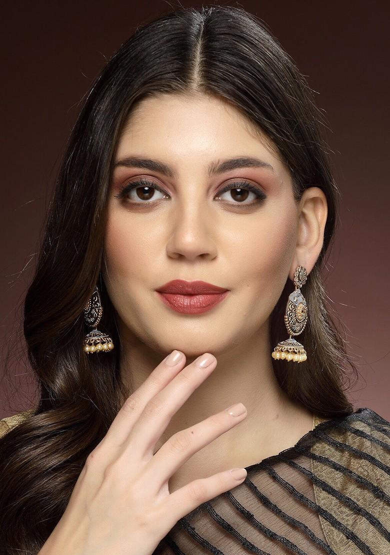 Gold Plated Kundan Stud And Pearl Bead Dome Shaped Jhumka Earrings