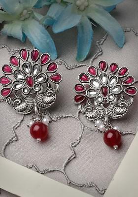 Silver Plated Kundan Stud Peacock Shaped Drop Earrings