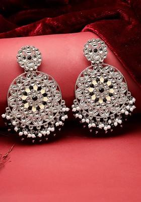 Silver Plated Kundan Stud Circular Chandbalis Earrings