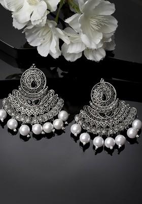 Silver Plated Stone Stud And Bead Crescent Shaped Chandbalis Earrings