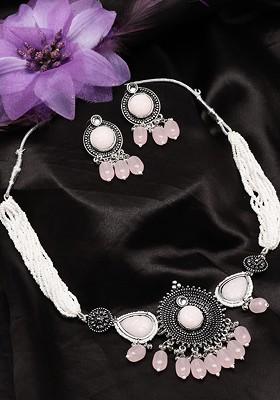 Oxidised Silver Plated Stone Stud Jewellery Set