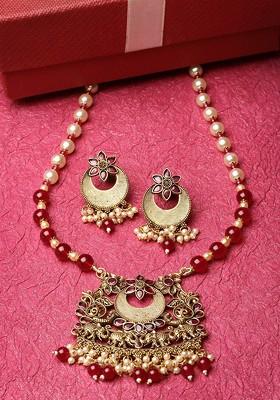 Gold Plated Stone Stud And Pearl Bead Necklace And Earrings