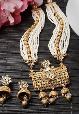 Gold Plated Stone Stud And Bead Necklace And Earrings