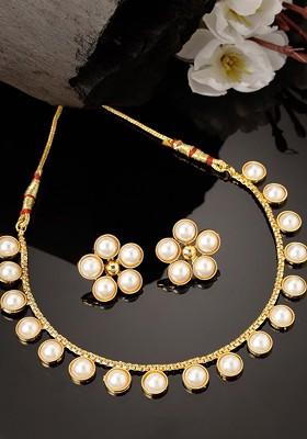 Gold Plated Artificial Stone Stud And Pearl Bead Necklace And Earrings