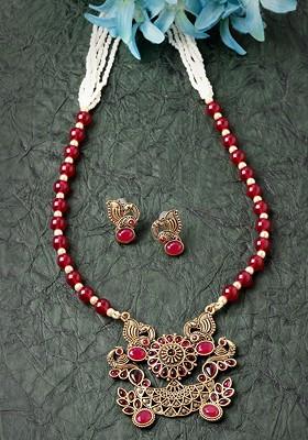 Gold Plated Stone Stud And Bead Necklace With Earrings