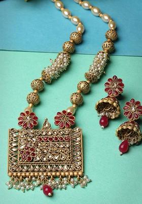 Gold Plated Kundan Stud Bead  Necklace With Earrings