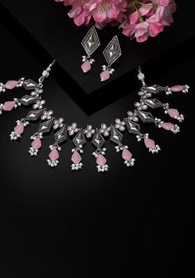 Silver Plated Stone Stud And Bead  Oxidised Necklace With Earrings