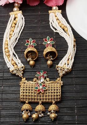 Gold Plated Artificial Stone Stud And Bead  Jewellery Set