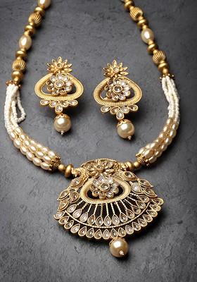 Gold Plated Kundan Stone Stud And Bead Jewellery Set