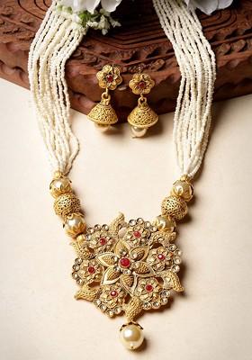 Gold Plated Artificial Stone Stud And Bead Necklace And Earrings