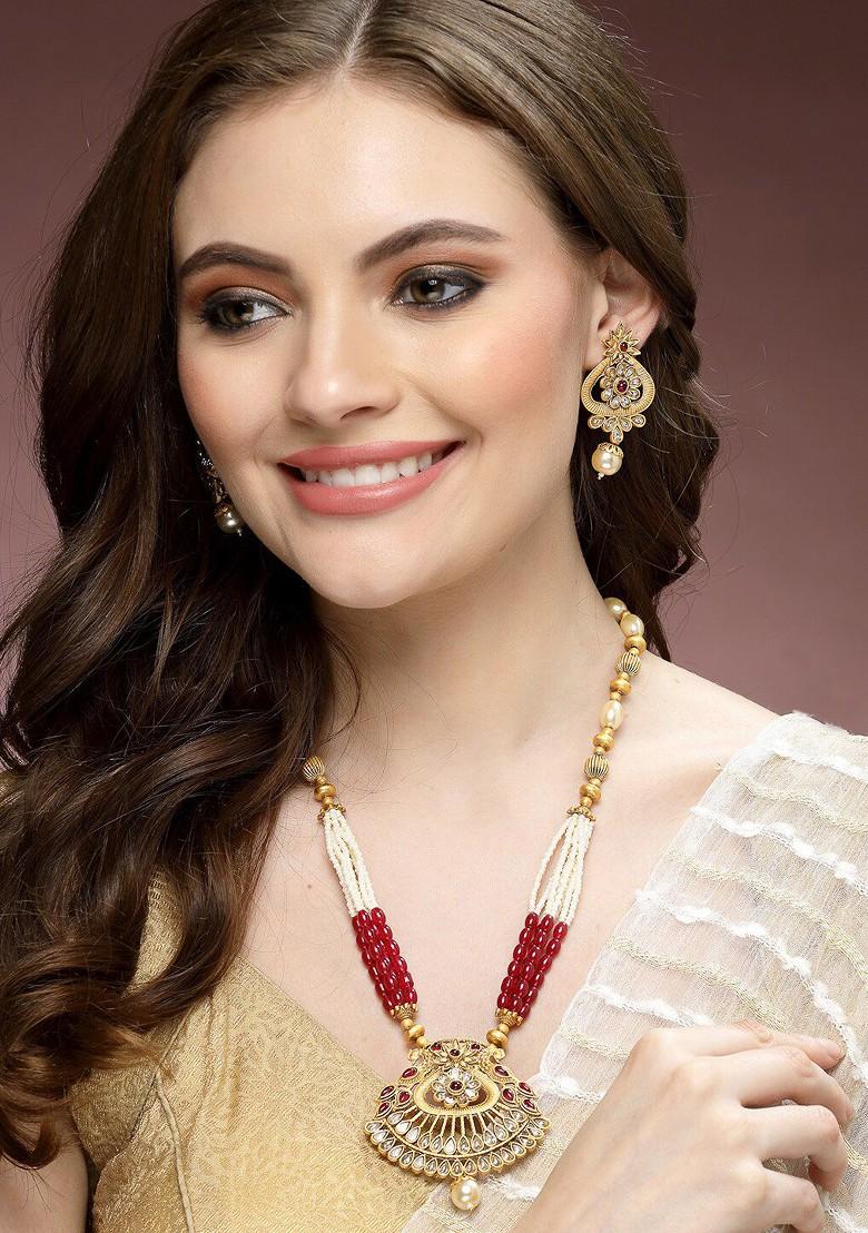 Gold Plated Artificial Stone Stud And Bead Necklace And Earrings