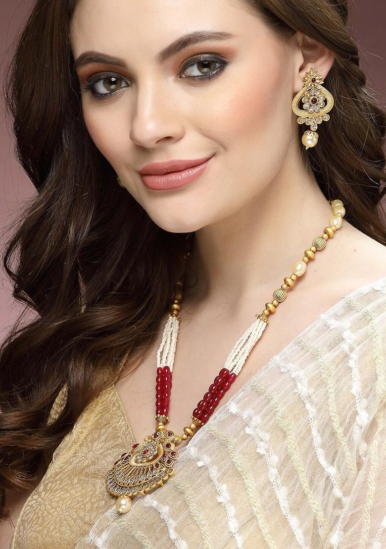 Gold Plated Artificial Stone Stud And Bead Necklace And Earrings