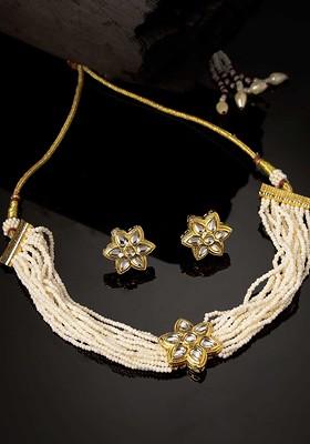 Gold Plated Kundan Stone Stud And Bead Necklace And Earrings