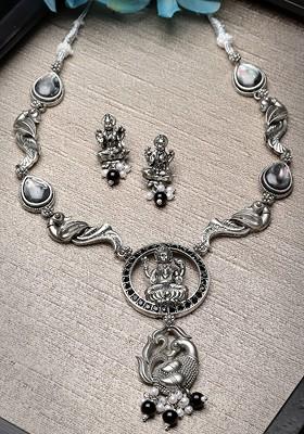 Silver Plated And Peacock Charm Oxidised Jewellery Set