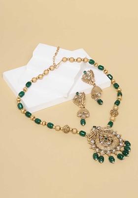 Gold Plated Kundan Stone Stud And Bead Jewellery Set