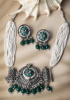 Silver Plated Stone Stud And Pearl Bead Oxidised Jewellery Set