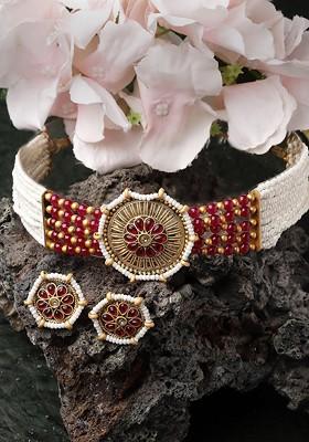 Gold Plated Stone Stud And Pearl Bead Jewellery Set