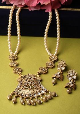 Gold Plated Artificial Stone Stud And Bead Necklace And Earrings