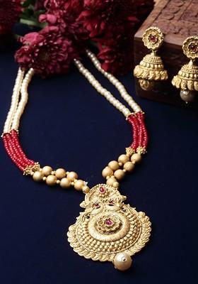 Gold Plated Stone Stud And Bead Necklace And Earrings