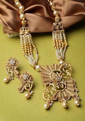 Gold Plated Stone Stud And Pearl Bead Necklace And Earrings