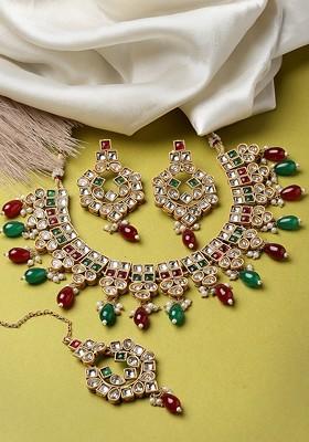 Gold Plated Kundan Stone Stud And Bead Jewellery Set
