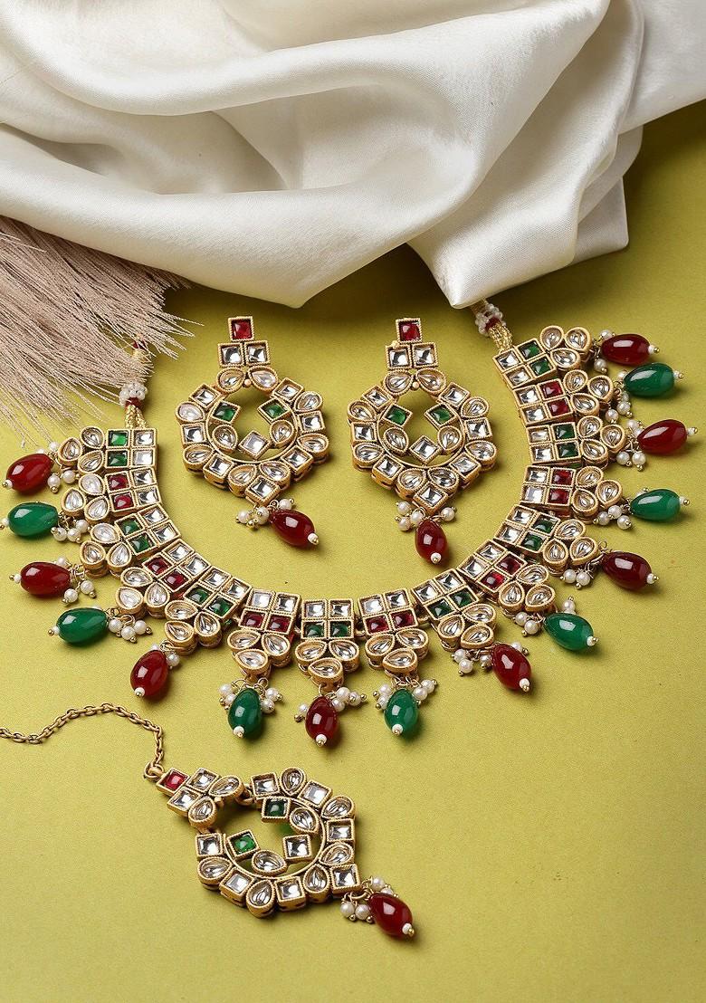 Gold Plated Kundan Stone Stud And Bead Jewellery Set