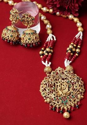 Gold Plated Stone Stud And Pearl Bead Jewellery Set