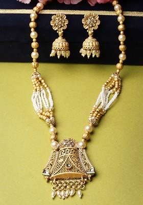 Gold Plated Kundan Stud And Bead Necklace And Earrings