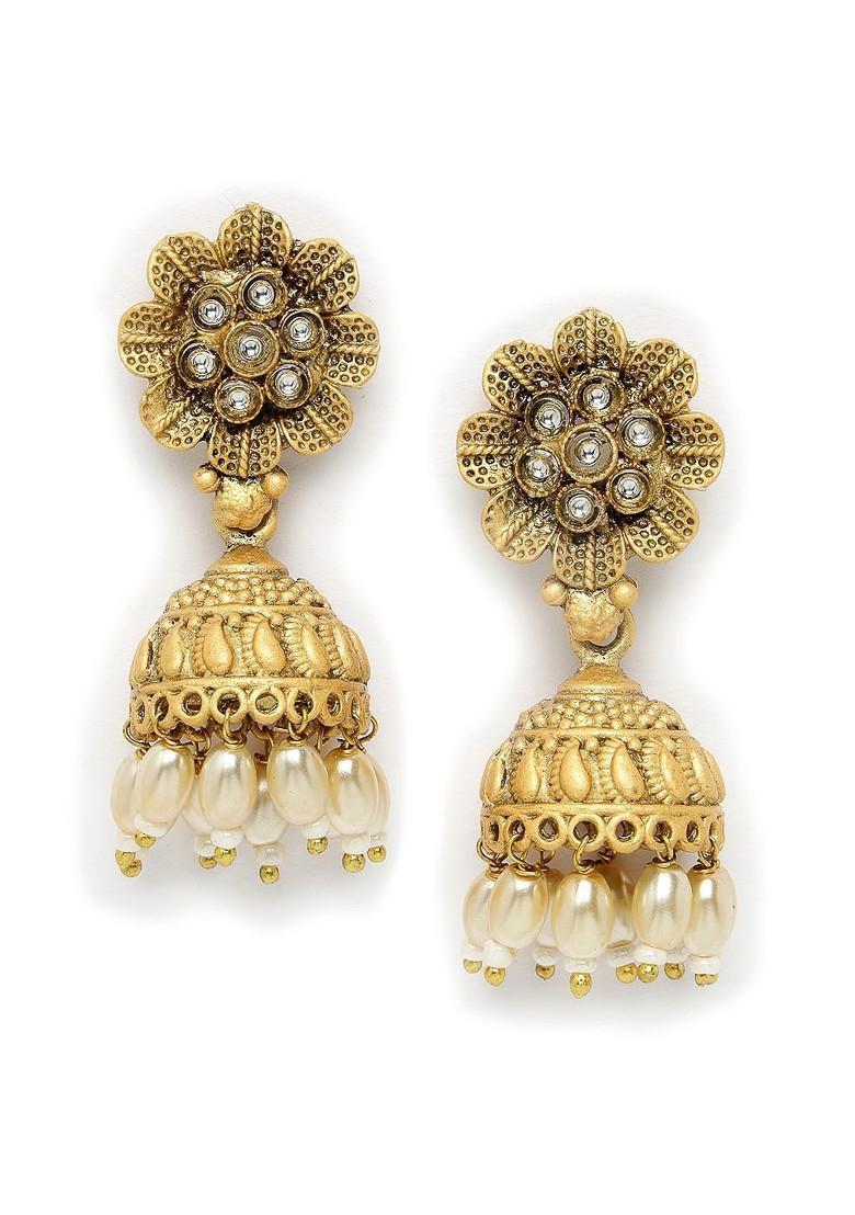 Gold Plated Kundan Stud And Bead Necklace And Earrings