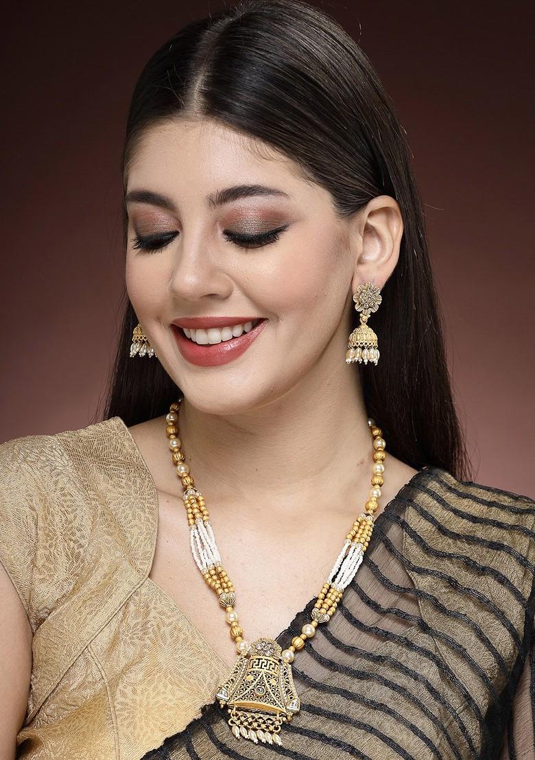 Gold Plated Kundan Stud And Bead Necklace And Earrings