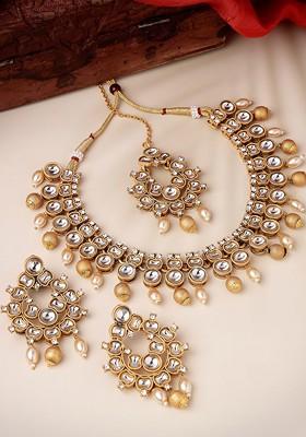 Gold Plated Kundan Stud And Pearl Bead Jewellery Set