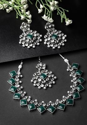 Silver Plated Stone Stud And Bead Jewellery Set