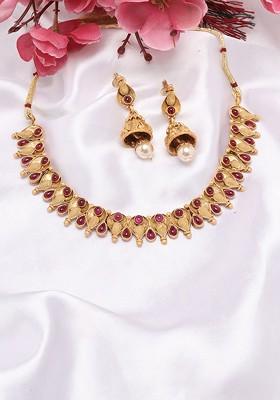 Gold Plated Stone Stud And Bead Necklace And Earrings