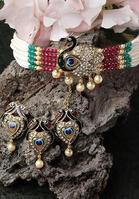 Gold Plated Cz Stud And Pearl Bead Peacock Design Jewellery Set